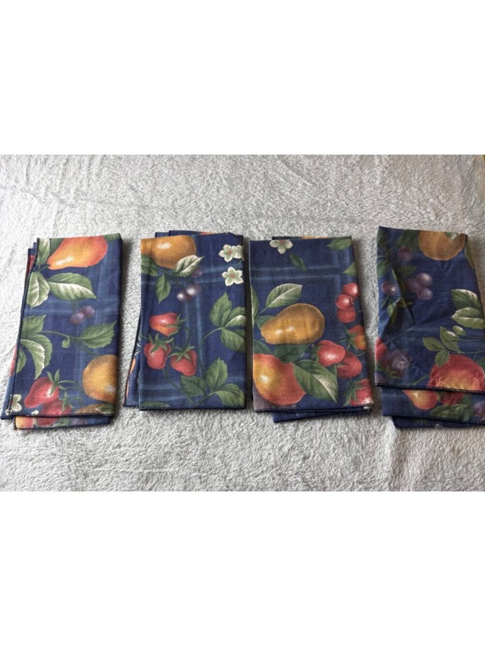Vintage Cranston Print Napkins Lot of 4 1980's Cotton Fruit Navy Blue Green
